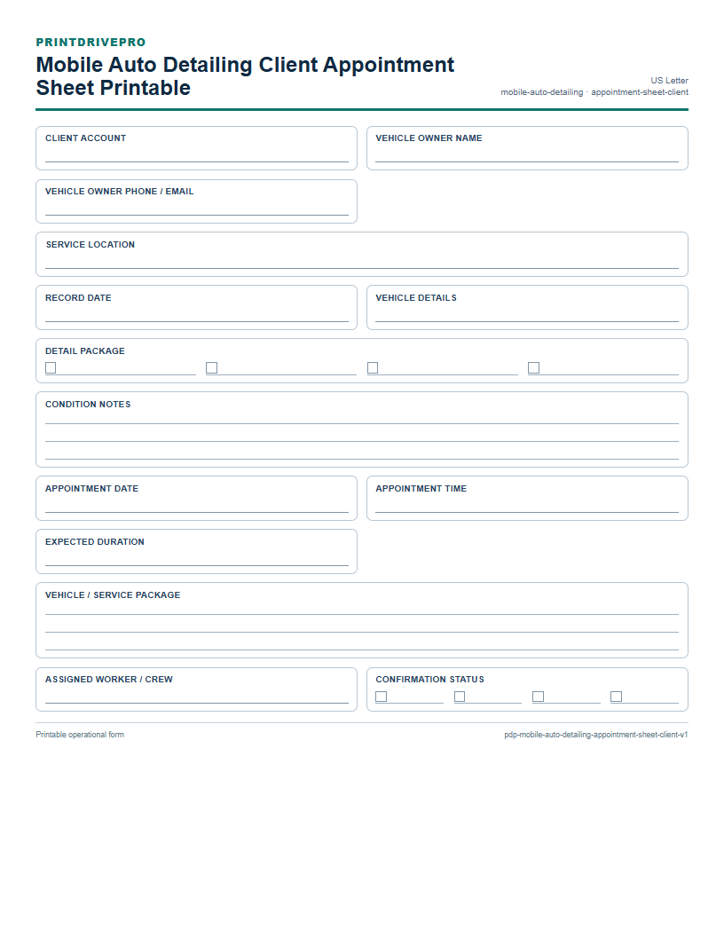 Mobile Auto Detailing Client Appointment Sheet Printable preview