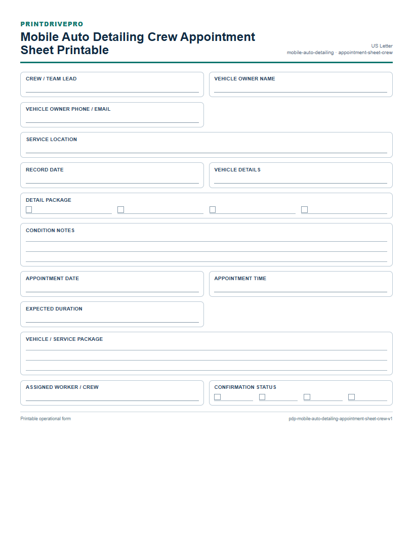 Mobile Auto Detailing Crew Appointment Sheet Printable preview