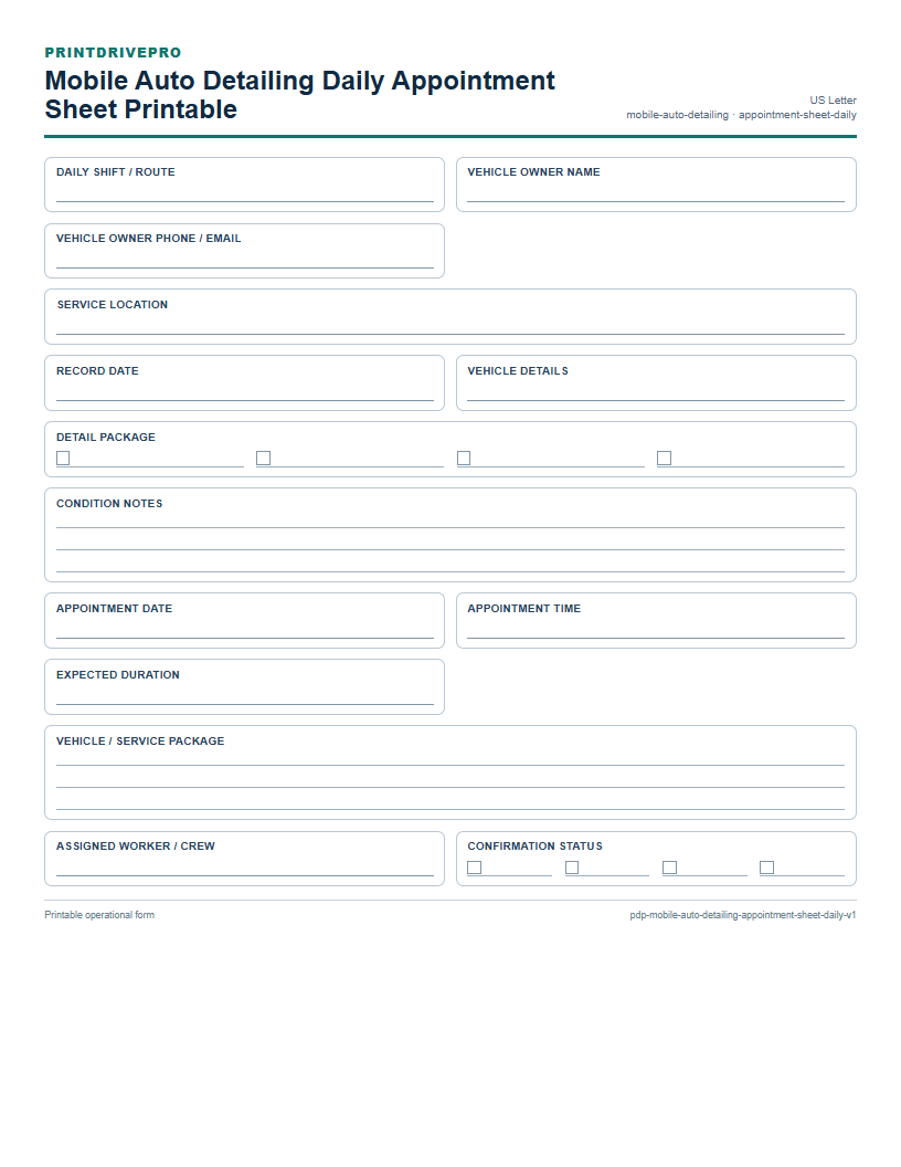 Mobile Auto Detailing Daily Appointment Sheet Printable preview