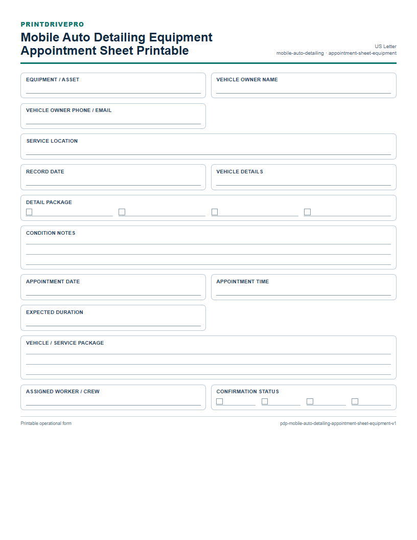 Mobile Auto Detailing Equipment Appointment Sheet Printable preview