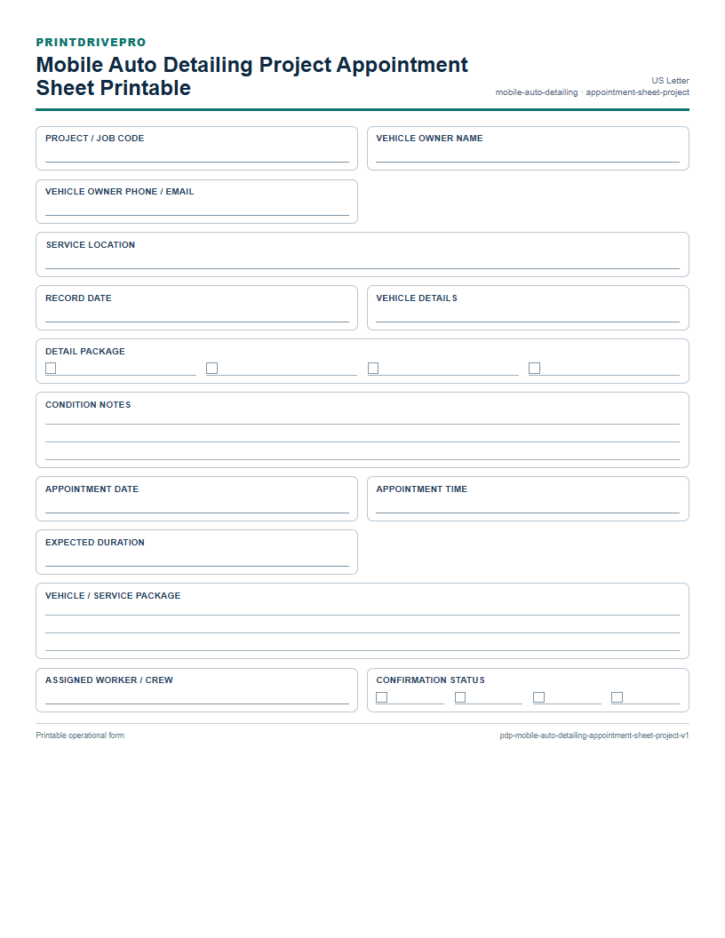 Mobile Auto Detailing Project Appointment Sheet Printable preview