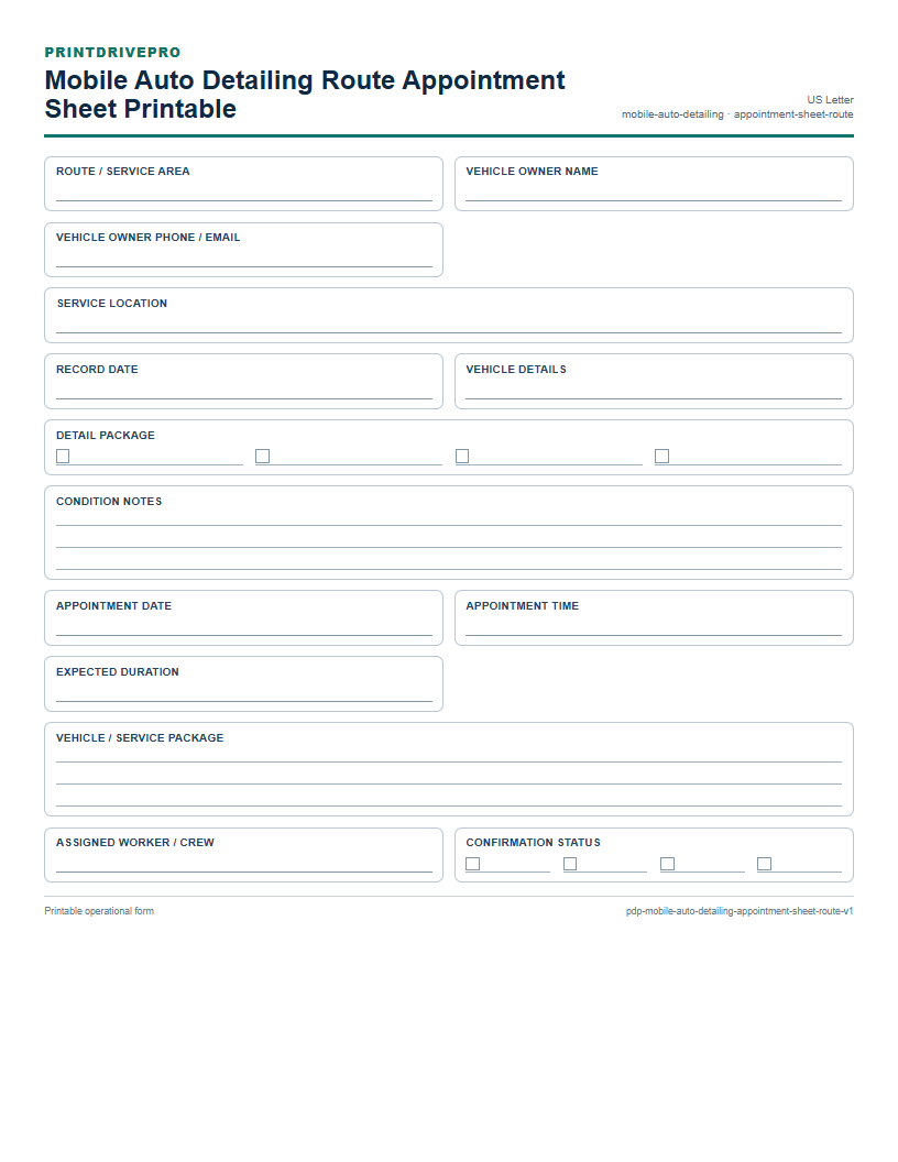 Mobile Auto Detailing Route Appointment Sheet Printable preview