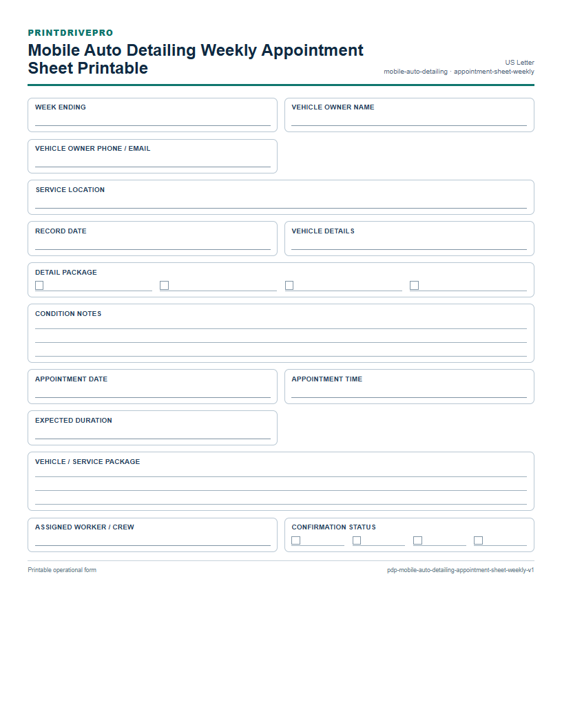 Mobile Auto Detailing Weekly Appointment Sheet Printable preview