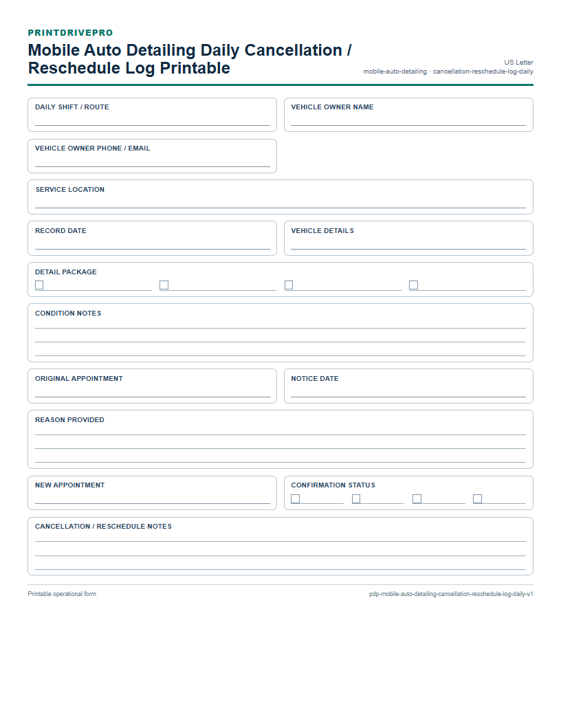 Mobile Auto Detailing Daily Cancellation / Reschedule Log Printable preview