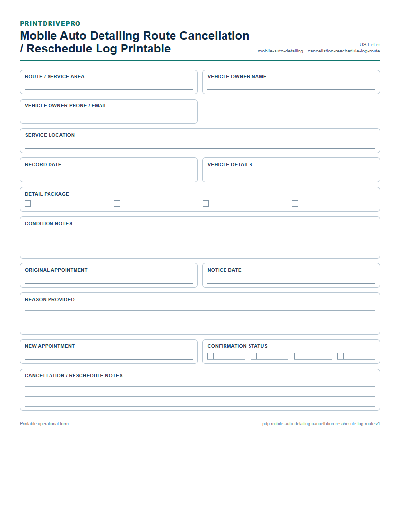 Mobile Auto Detailing Route Cancellation / Reschedule Log Printable preview