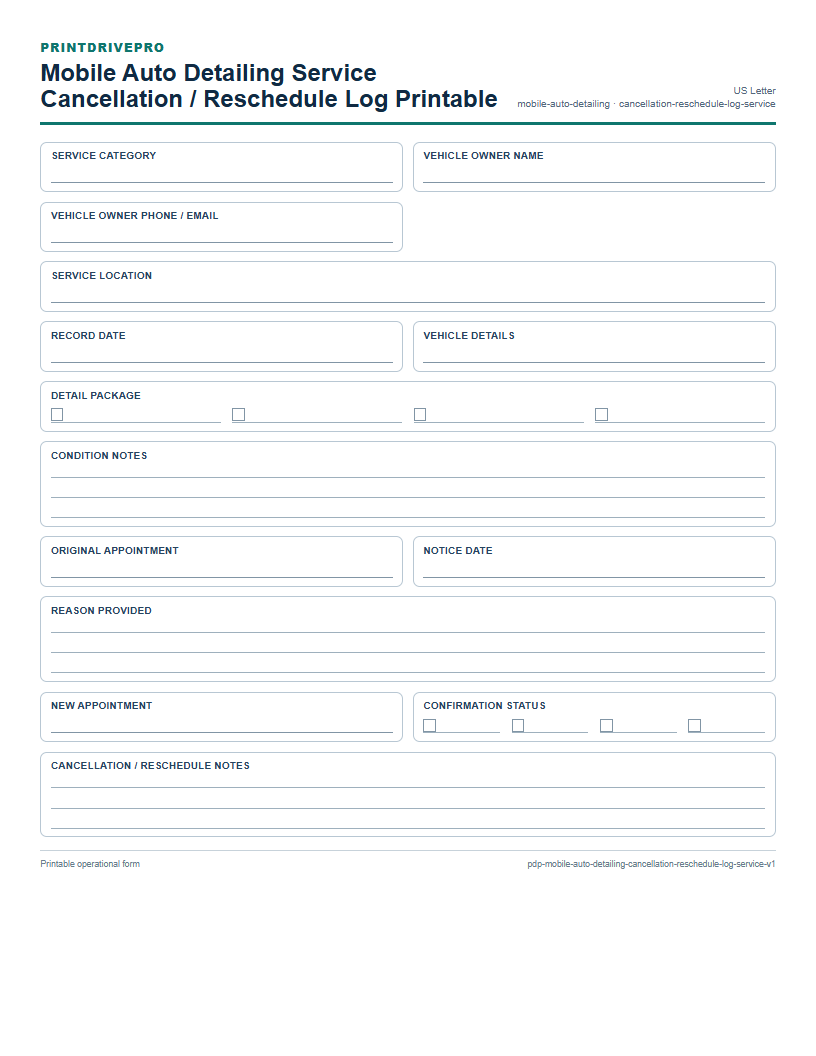 Mobile Auto Detailing Service Cancellation / Reschedule Log Printable preview