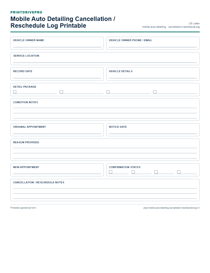 Mobile Auto Detailing Cancellation / Reschedule Log Printable preview