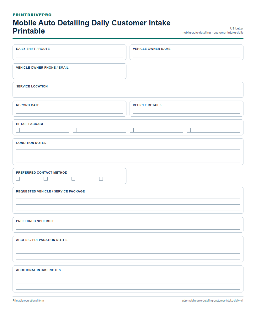 Mobile Auto Detailing Daily Customer Intake Printable preview