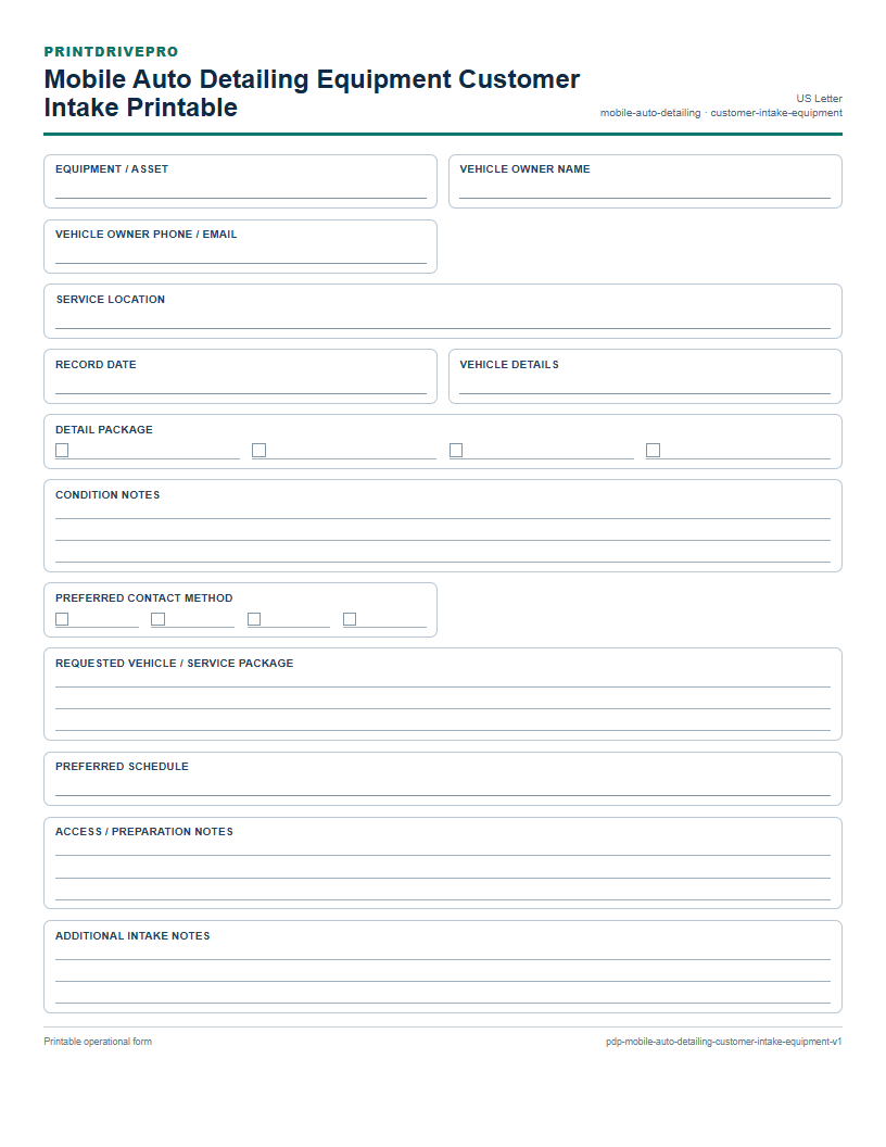 Mobile Auto Detailing Equipment Customer Intake Printable preview