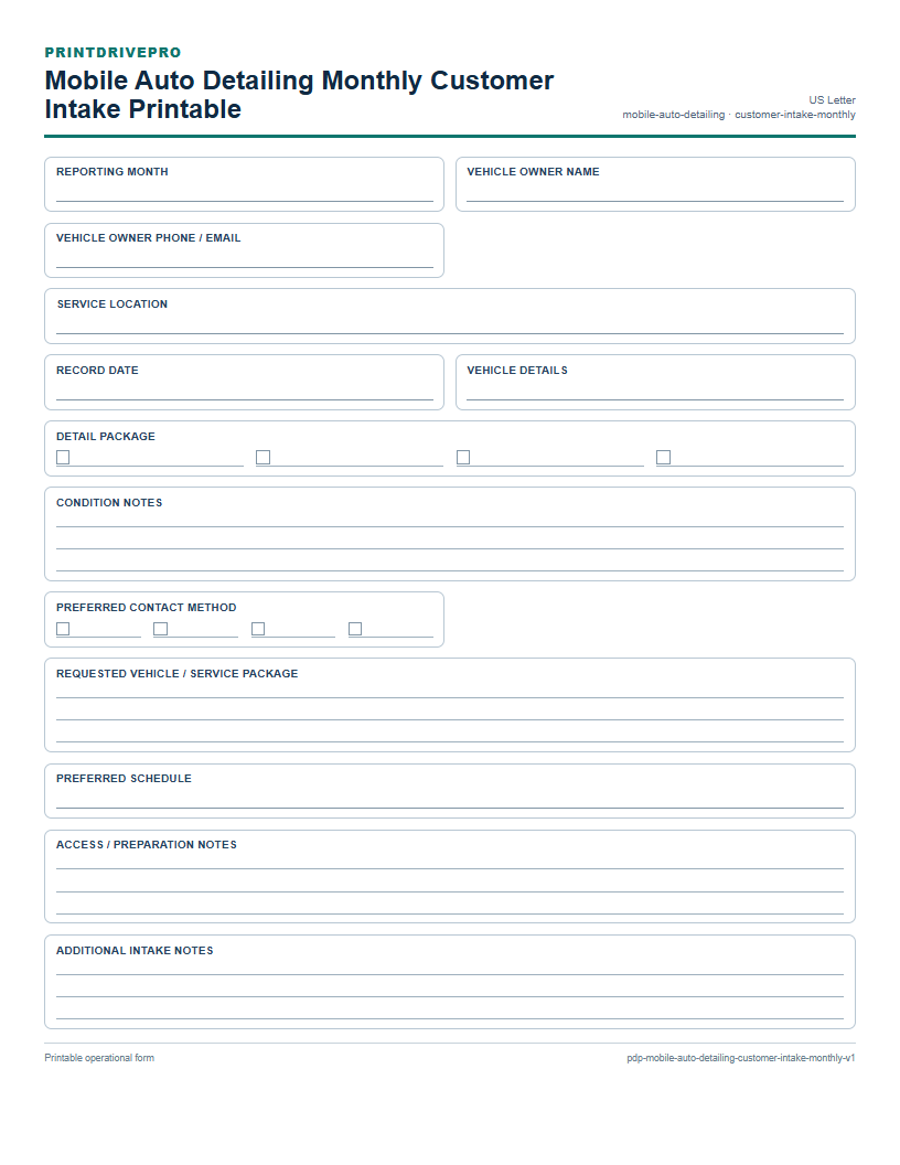 Mobile Auto Detailing Monthly Customer Intake Printable preview