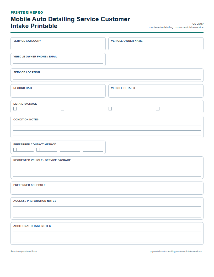 Mobile Auto Detailing Service Customer Intake Printable preview
