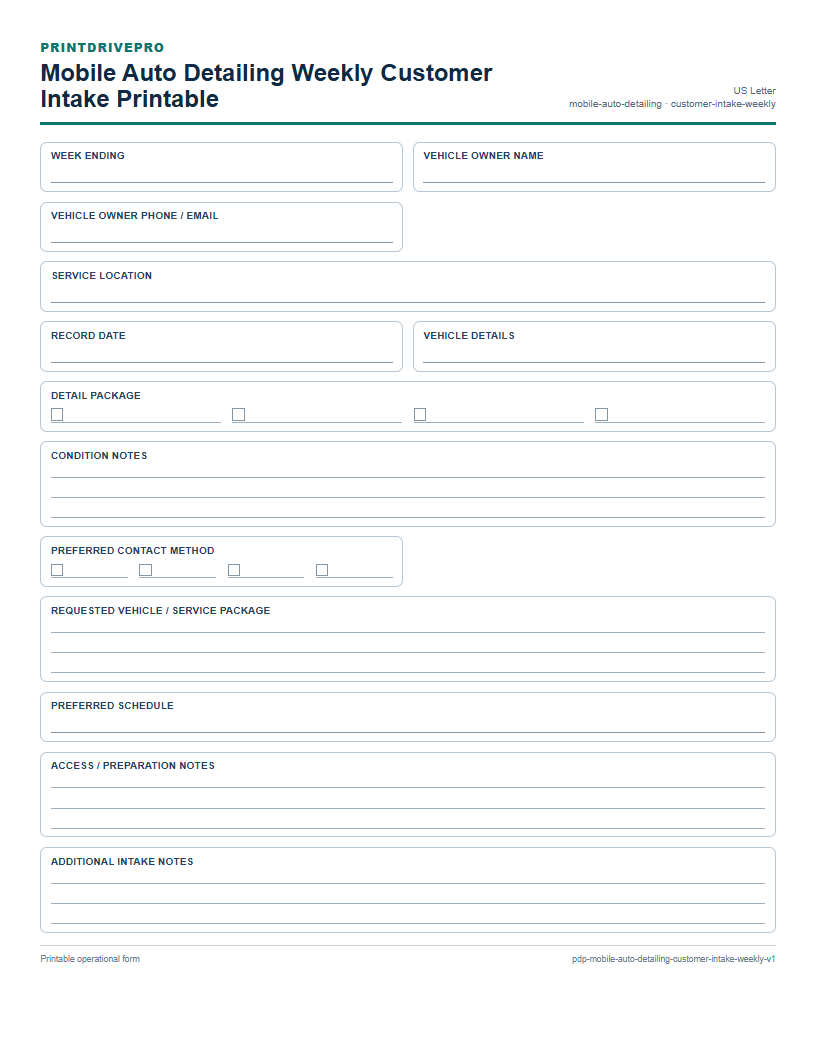 Mobile Auto Detailing Weekly Customer Intake Printable preview