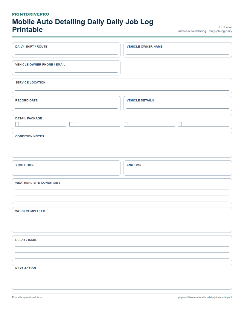 Mobile Auto Detailing Daily Daily Job Log Printable preview