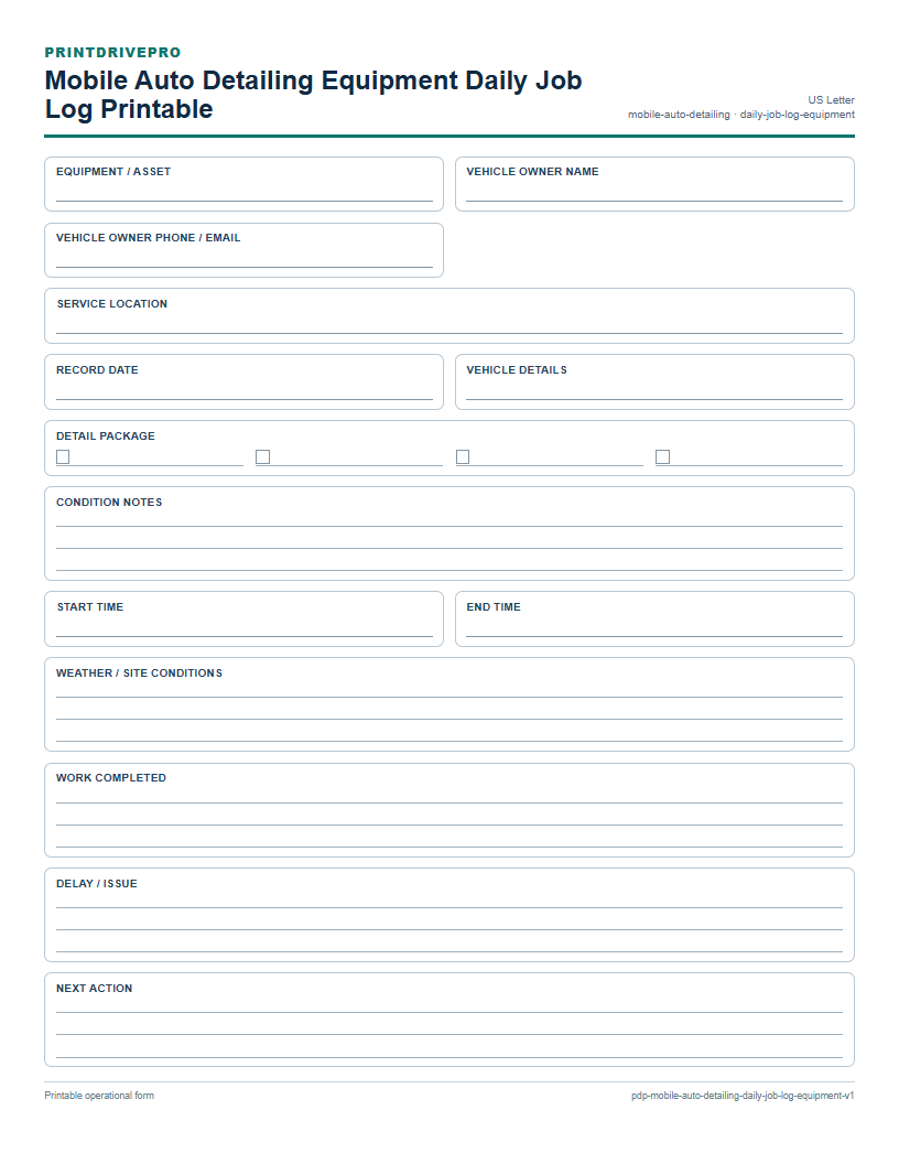 Mobile Auto Detailing Equipment Daily Job Log Printable preview