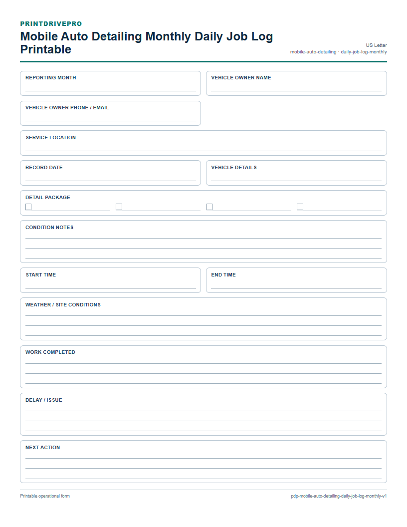 Mobile Auto Detailing Monthly Daily Job Log Printable preview