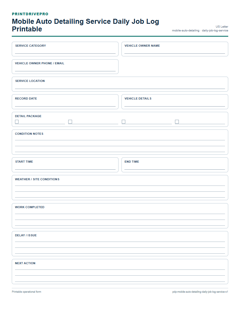 Mobile Auto Detailing Service Daily Job Log Printable preview