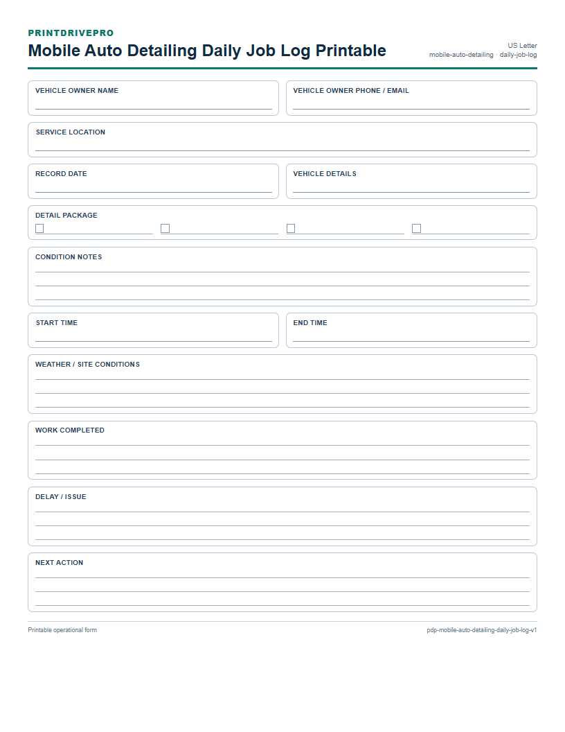 Mobile Auto Detailing Daily Job Log Printable preview