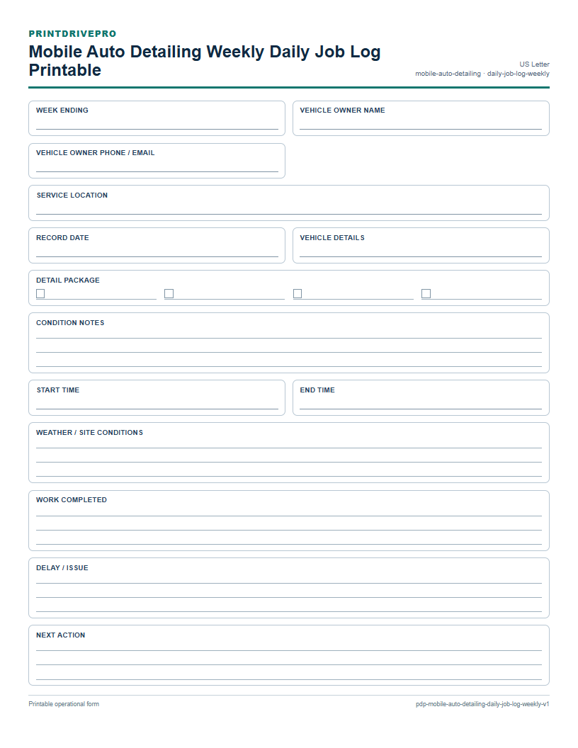 Mobile Auto Detailing Weekly Daily Job Log Printable preview