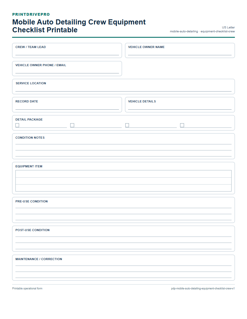 Mobile Auto Detailing Crew Equipment Checklist Printable preview