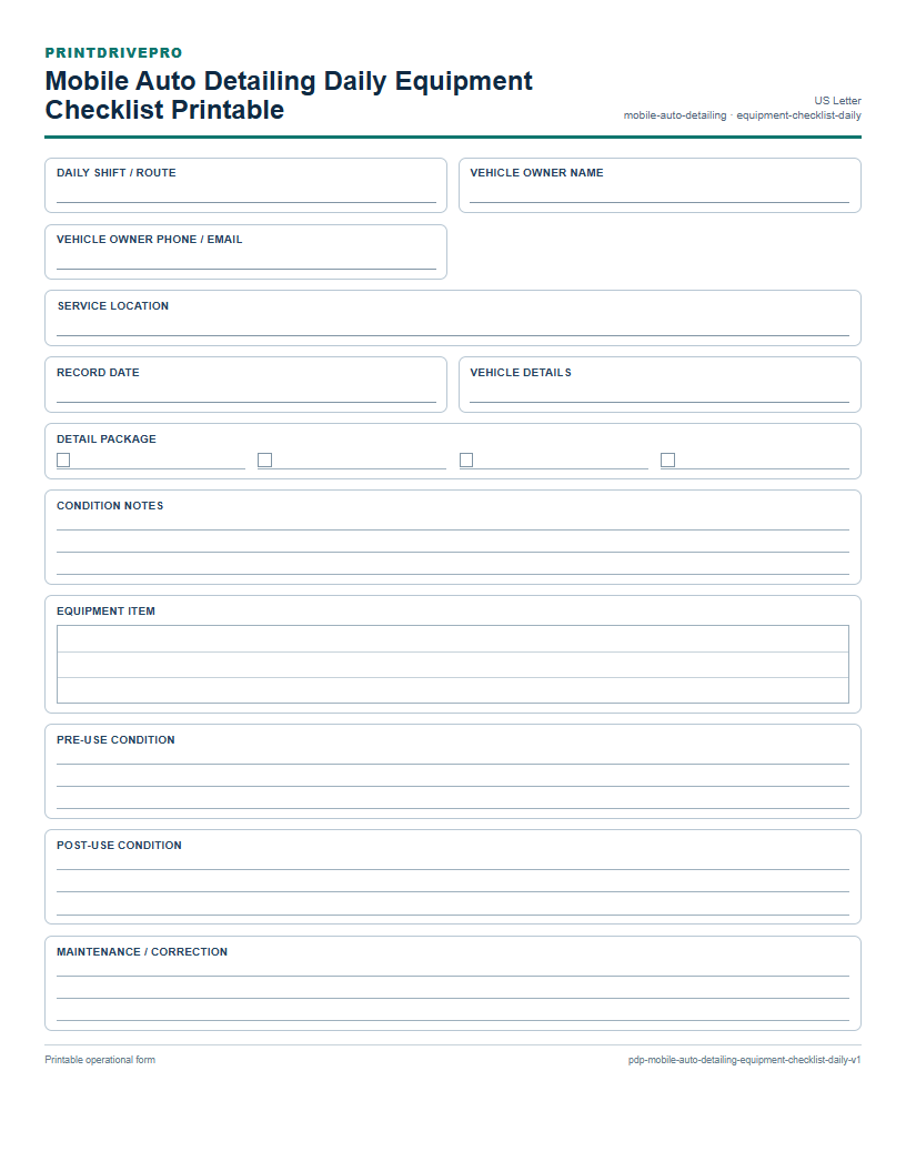 Mobile Auto Detailing Daily Equipment Checklist Printable preview