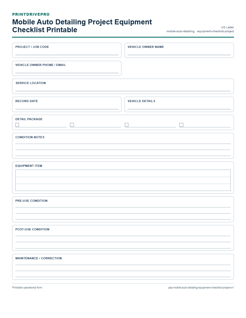 Mobile Auto Detailing Project Equipment Checklist Printable preview