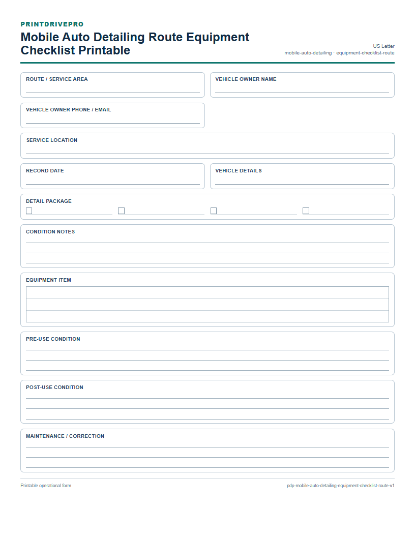 Mobile Auto Detailing Route Equipment Checklist Printable preview