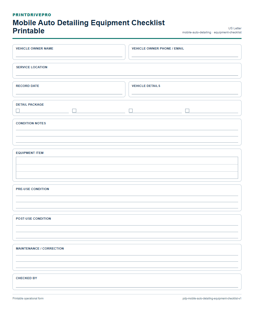Mobile Auto Detailing Equipment Checklist Printable preview