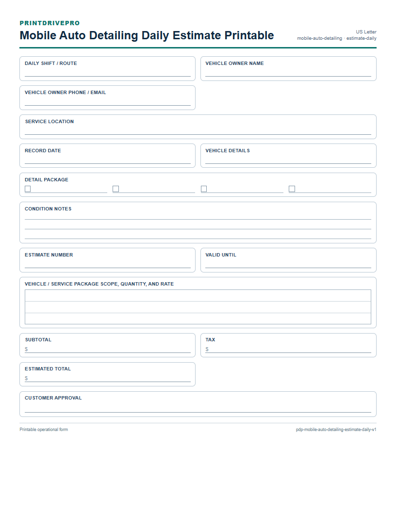 Mobile Auto Detailing Daily Estimate Printable preview