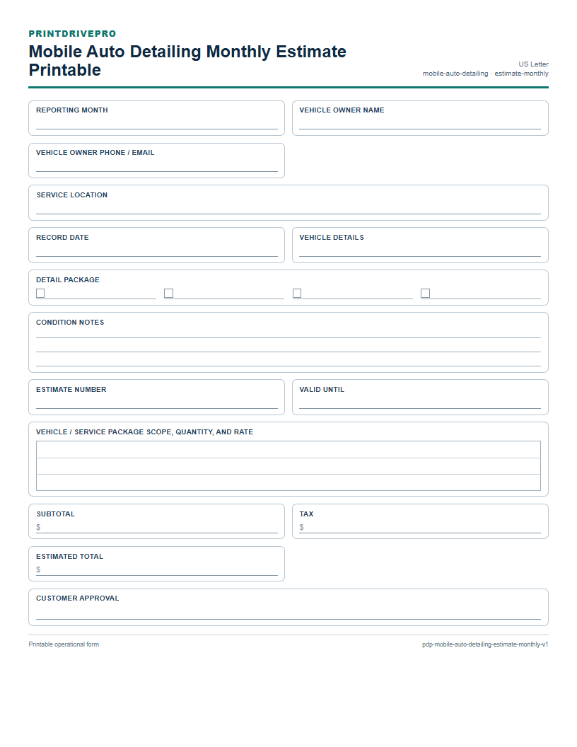Mobile Auto Detailing Monthly Estimate Printable preview