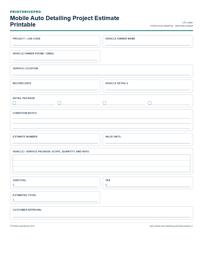 Mobile Auto Detailing Project Estimate Printable preview