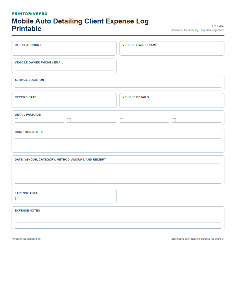 Mobile Auto Detailing Client Expense Log Printable preview