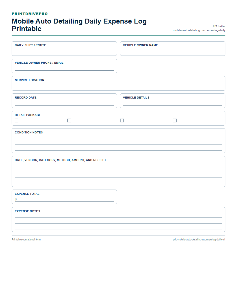 Mobile Auto Detailing Daily Expense Log Printable preview