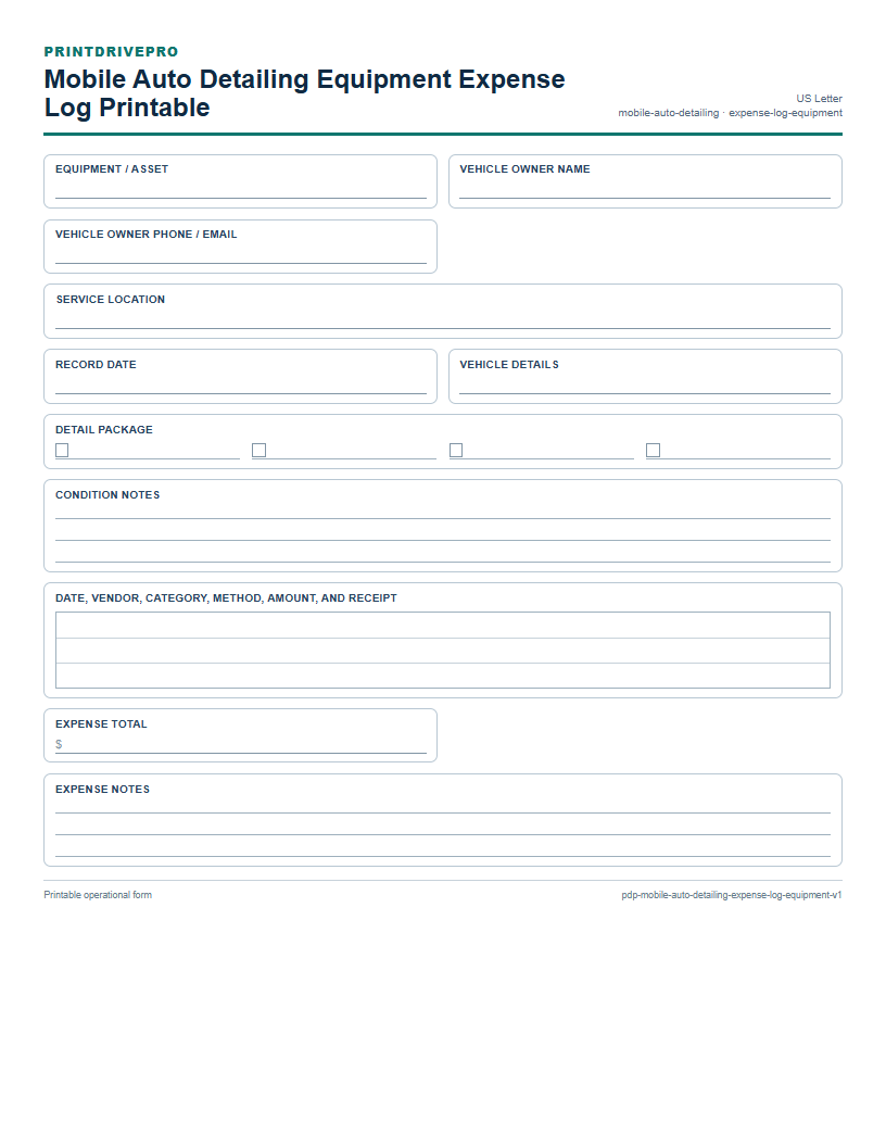 Mobile Auto Detailing Equipment Expense Log Printable preview