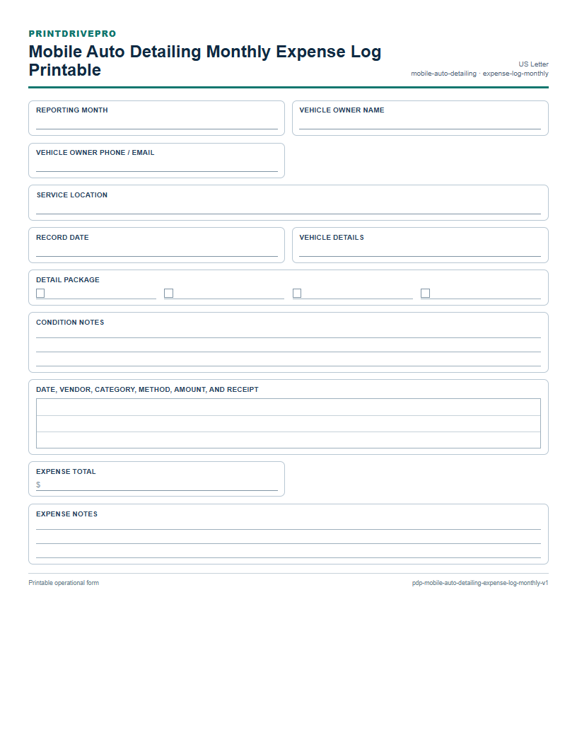 Mobile Auto Detailing Monthly Expense Log Printable preview