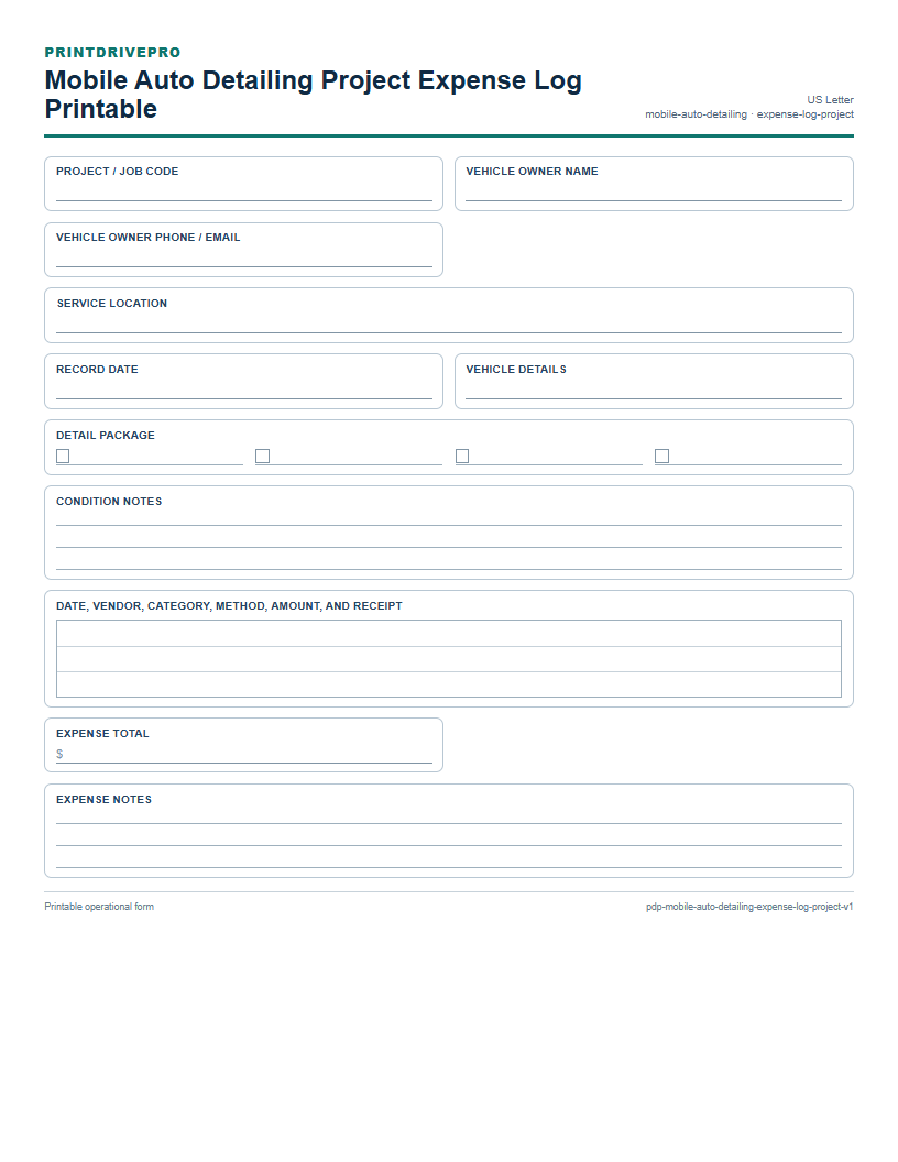 Mobile Auto Detailing Project Expense Log Printable preview
