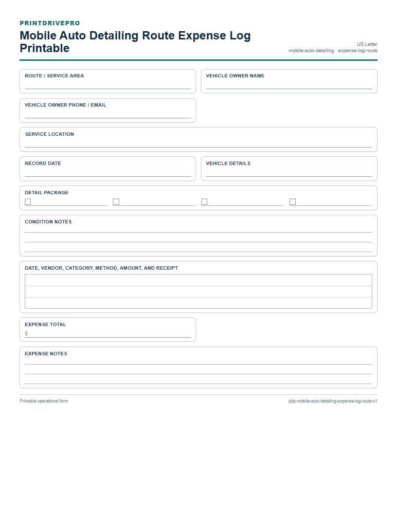 Mobile Auto Detailing Route Expense Log Printable preview