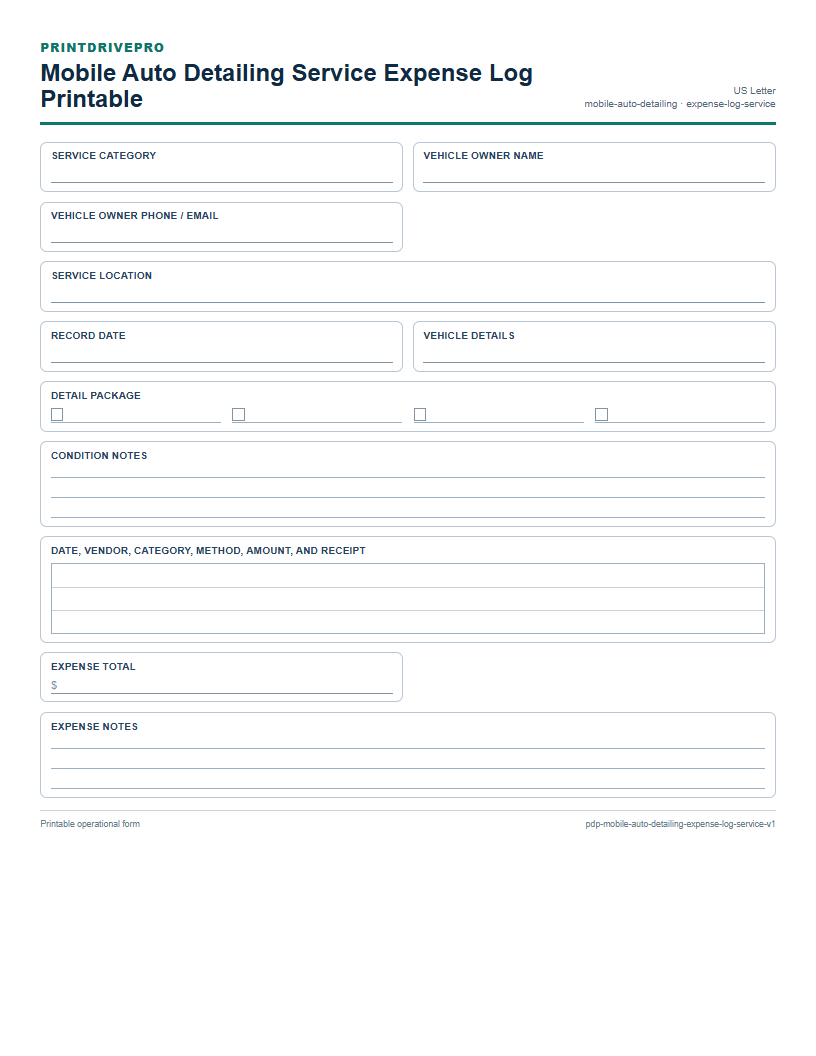 Mobile Auto Detailing Service Expense Log Printable preview
