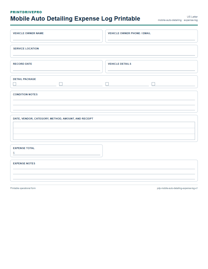 Mobile Auto Detailing Expense Log Printable preview