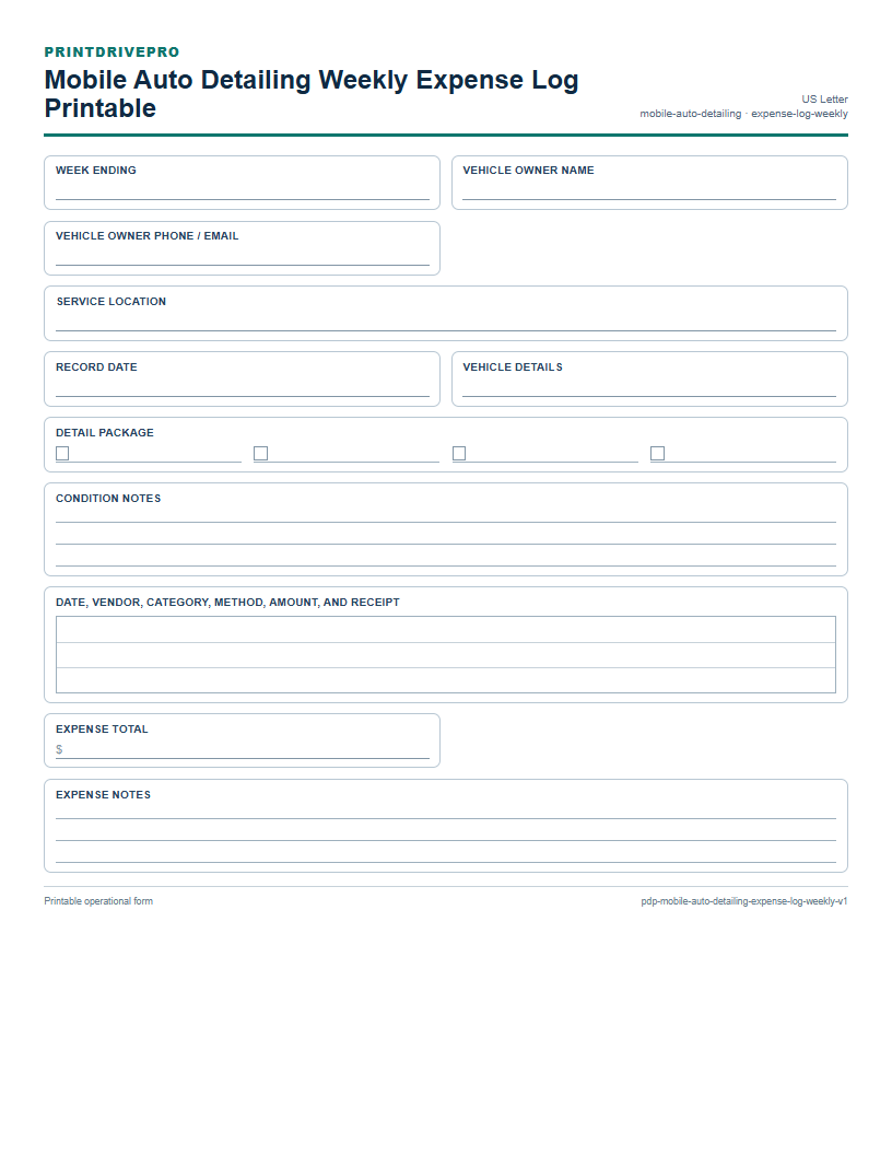 Mobile Auto Detailing Weekly Expense Log Printable preview