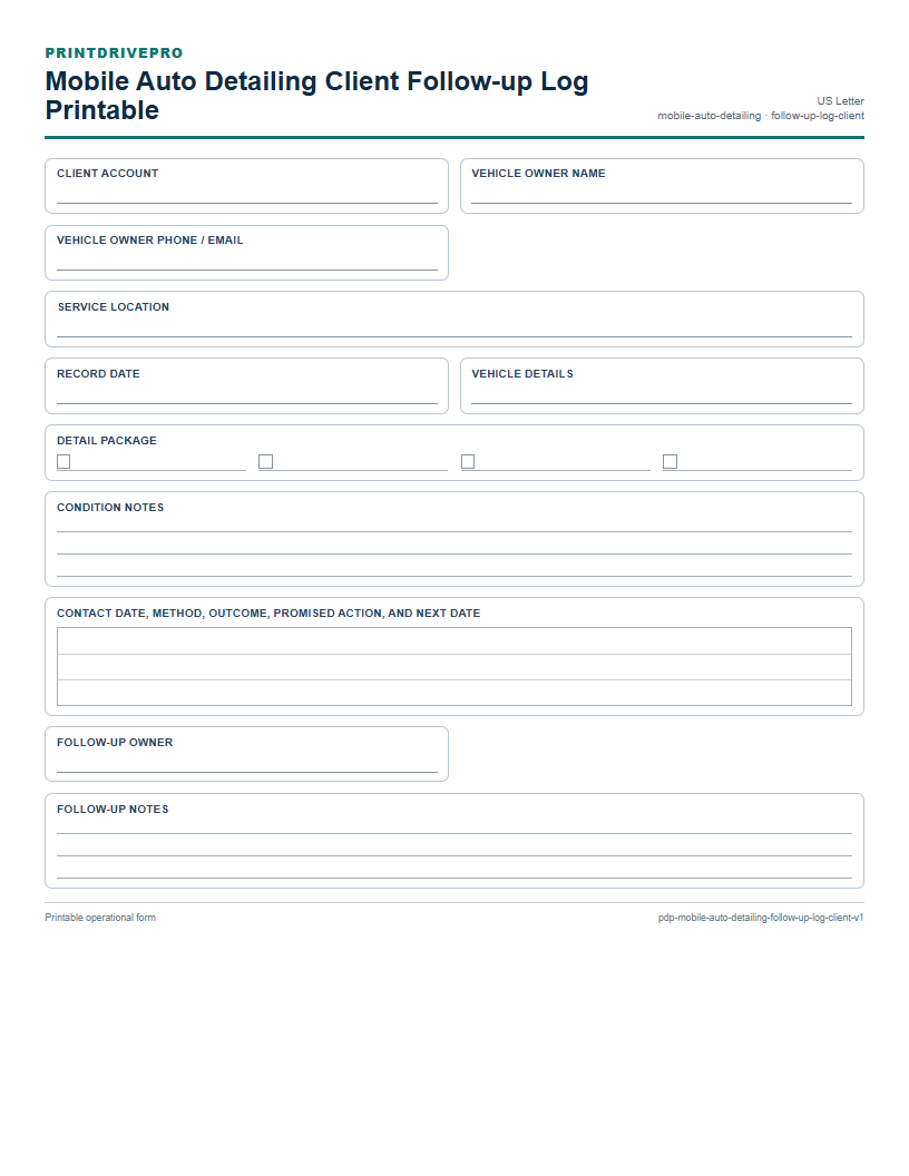 Mobile Auto Detailing Client Follow-up Log Printable preview