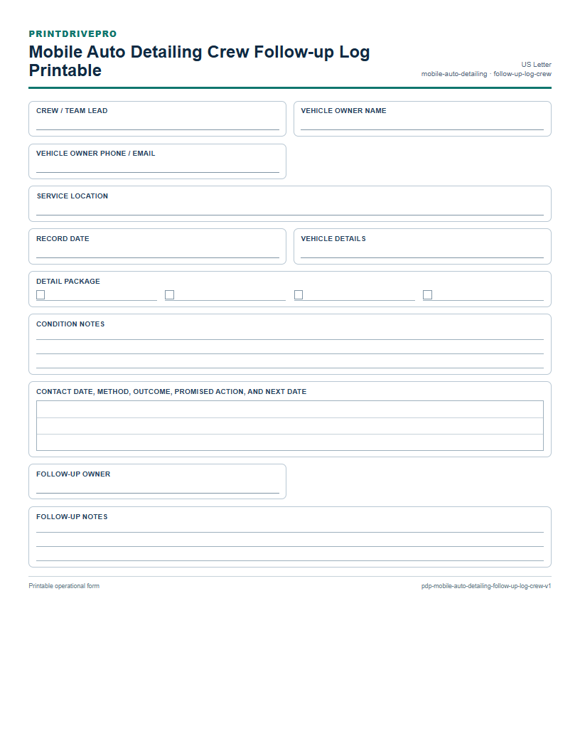 Mobile Auto Detailing Crew Follow-up Log Printable preview