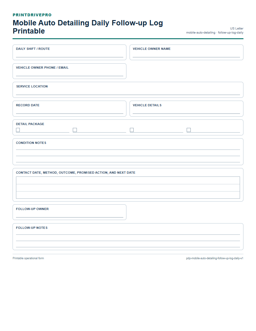 Mobile Auto Detailing Daily Follow-up Log Printable preview