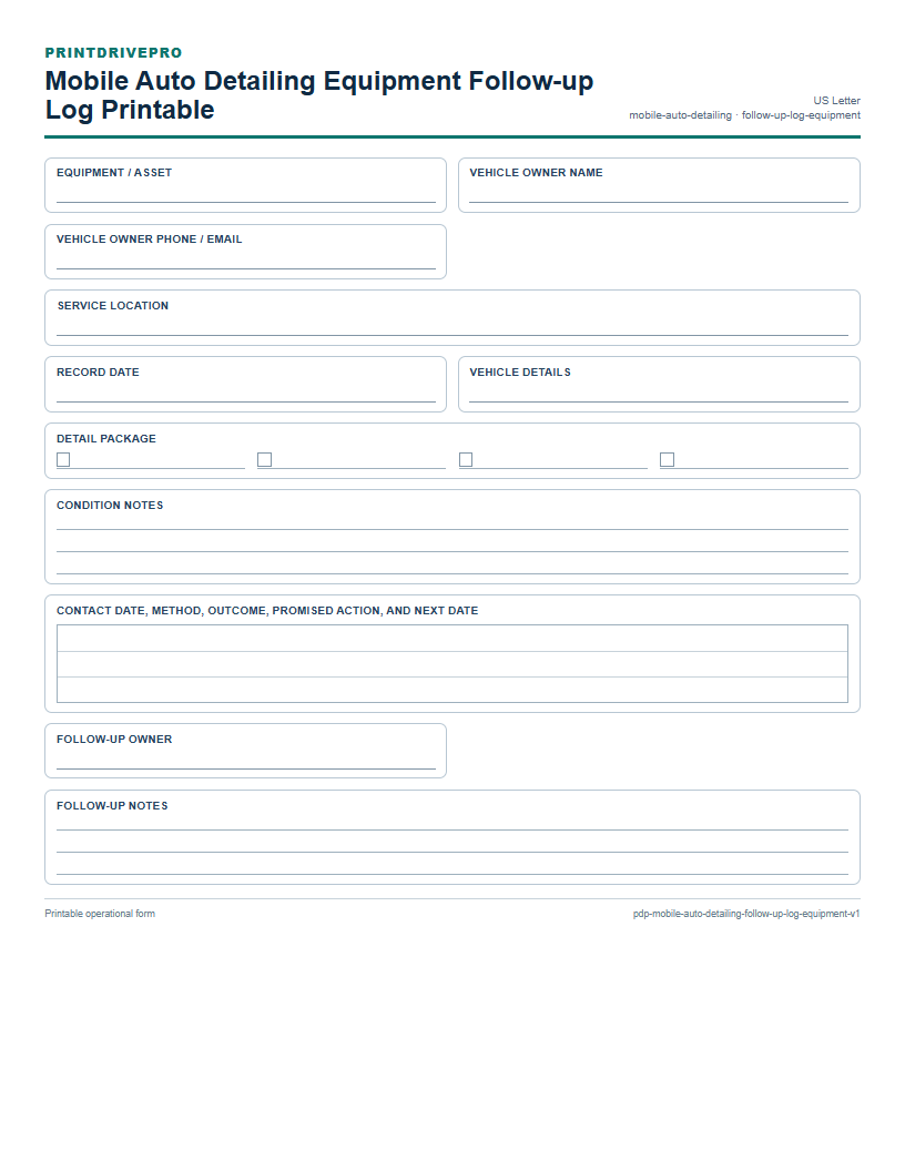 Mobile Auto Detailing Equipment Follow-up Log Printable preview