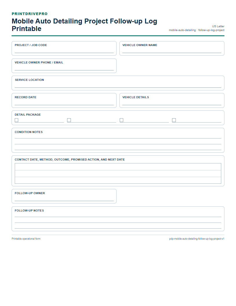 Mobile Auto Detailing Project Follow-up Log Printable preview