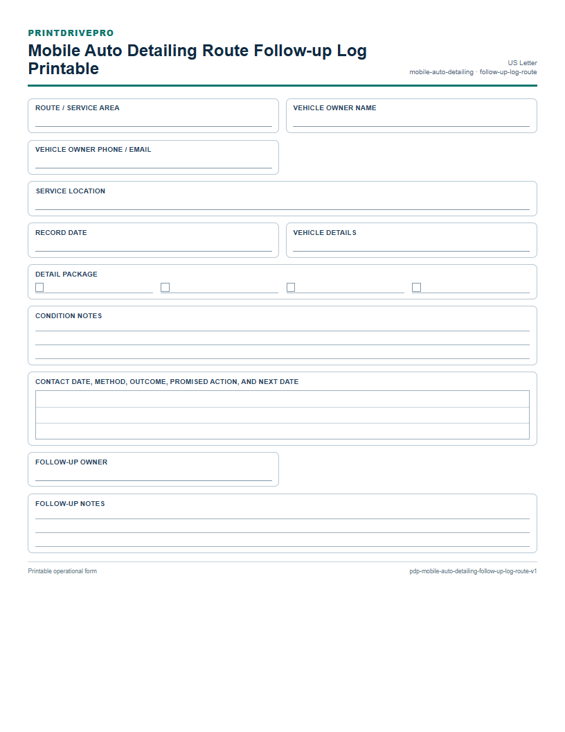 Mobile Auto Detailing Route Follow-up Log Printable preview