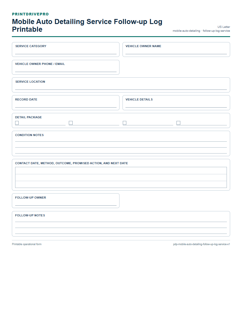 Mobile Auto Detailing Service Follow-up Log Printable preview