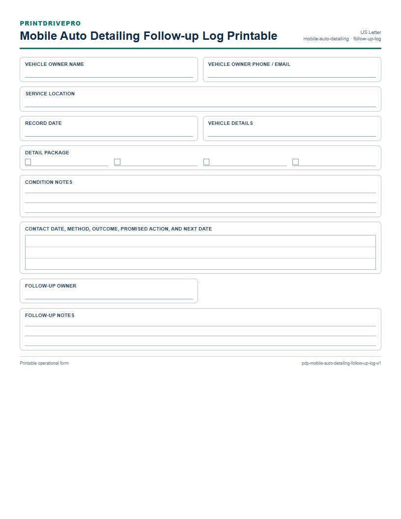 Mobile Auto Detailing Follow-up Log Printable preview