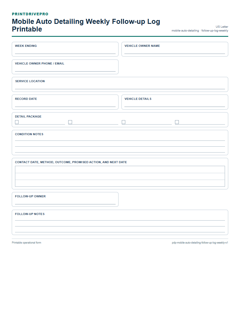 Mobile Auto Detailing Weekly Follow-up Log Printable preview