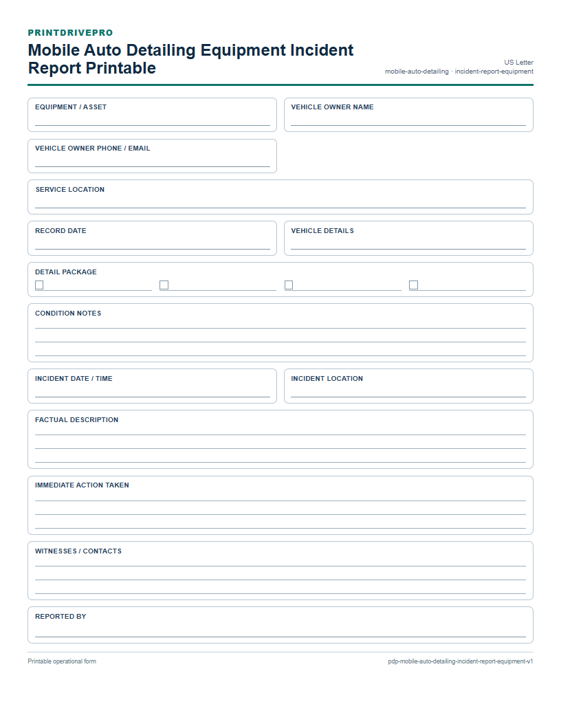 Mobile Auto Detailing Equipment Incident Report Printable preview