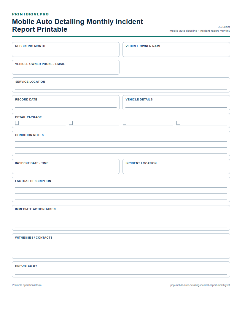 Mobile Auto Detailing Monthly Incident Report Printable preview